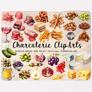 35 elementi essenziali per taglieri di salumi, illustrazioni ad acquerello di salumi, bundle di cibo PNG, piatto di salumi, salame, download immediato
