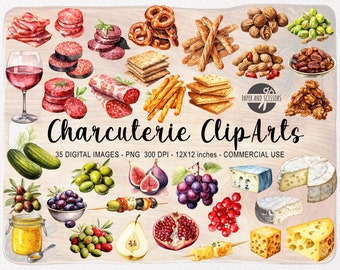 35 Charcuterie Board Essentials, Charcuterie Watercolor Illustration ClipArts, Food Bundle PNG, Charcuterie Plate, Salami, Instant Download