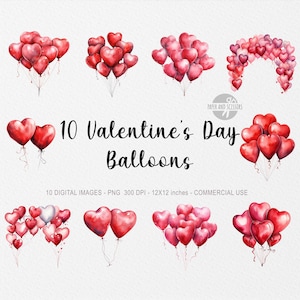 10 balonów walentynkowych ClipArt, balon PNG, ilustracja balonu w kształcie serca, akwarelowe walentynki, clipart miłosny, clipart serca, miłość