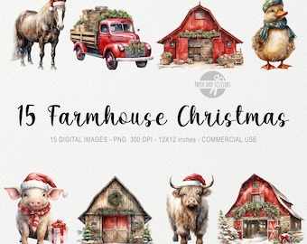 15 Farmhouse Christmas ClipArt, Watercolor Farm PNG, Christmas Bundle, Winter Clipart, Animal Bundle, Farmhouse PNG, Pig PNG, Highland cow