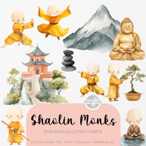35 Shaolin Mönch ClipArt, Little Kung Fu PNG, Aquarell Bilderbuch, Kinderzimmer Thema, Baby-Dusche-Kunst, Sofortdownload, Kommerzielle Lizenz
