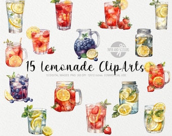 15 Limonade ClipArt, Limonade PNG, Aquarel Limonade illustratie, Aardbei, Bosbessen Limonade, Dranken PNG, Voedsel PNG, Vruchtendranken Png