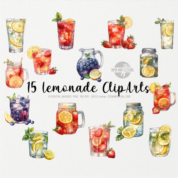 15 Lemonade ClipArt, Lemonade PNG, Watercolor Lemonade illustration, Strawberry, Blueberry Lemonade, Drinks PNG, Food PNG, Fruit drinks Png
