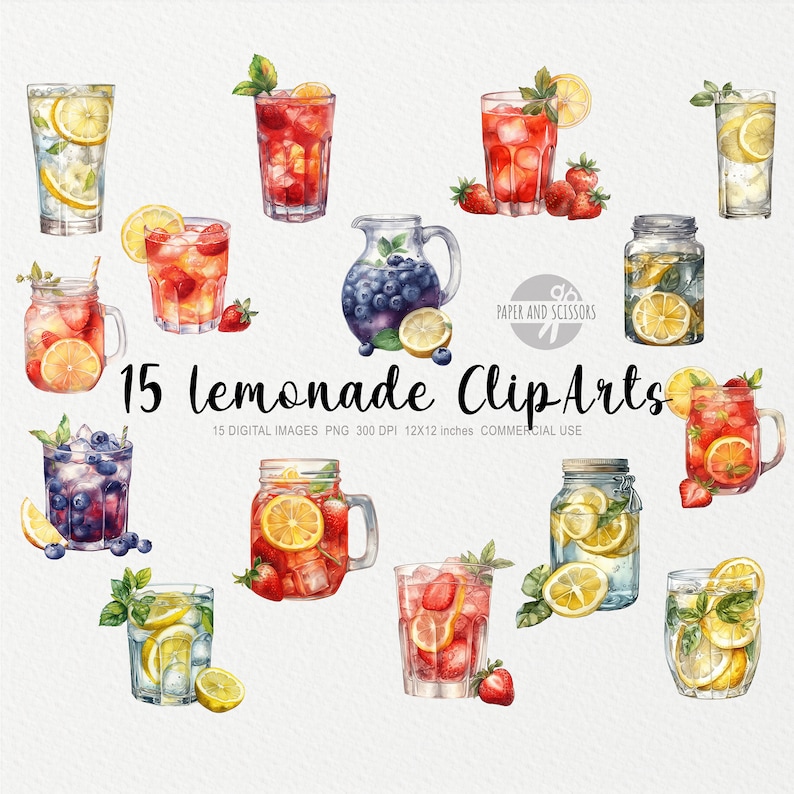 May include: A set of 15 watercolor illustrations of lemonade drinks in various glasses and jars. The illustrations feature lemons, blueberries, strawberries, and mint leaves. The text "15 lemonade ClipArts" is included in the image.