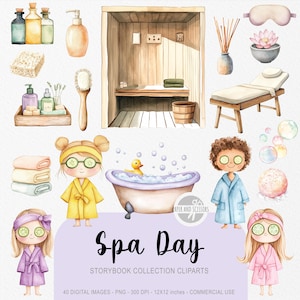 40 graziose ClipArt per una giornata in spa, libro di fiabe rilassanti con acquerelli, cameretta per massaggi, hotel con spa, invito e decorazioni per una festa di relax, download immediato
