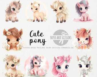 Lindo Pony acuarela Clipart, lindo Pony PNG, ilustración de Pony, arte infantil, arte de pared para niños, decoración de guardería, imágenes prediseñadas de ducha de bebé, niña