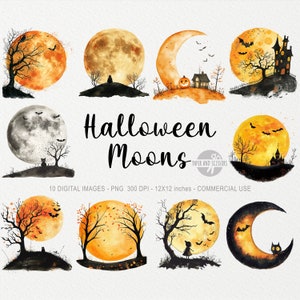 10 illustraties Halloween maan, volle maan png, spookachtig decor, hemelse, griezelige nacht, aquarel illustratie, commerciële licentie, onmiddellijke download