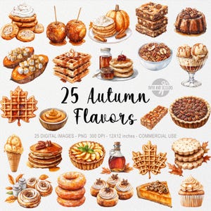 25 Herbst Geschmacksrichtungen ClipArts, Herbst Essen PNG, Thanksgiving-Menü, Urlaub Gericht, Aquarell druckbar, Menü Rezeptbuch, Ahornsirup, Desserts
