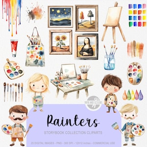 May include: A collection of watercolour illustrations featuring painting supplies and art-themed elements. Includes paint palettes, brushes, easels, framed paintings, and cartoon figures of painters. The text reads "Painters Storybook Collection Cliparts".