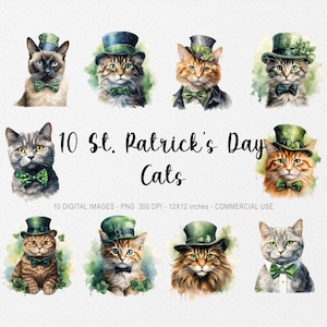 10 cliparts de chat de la Saint-Patrick, aquarelle chat de la Saint-Patrick PNG, chat avec des trèfles, chat avec chapeau, chat avec noeud, chat mignon de la Saint-Patrick
