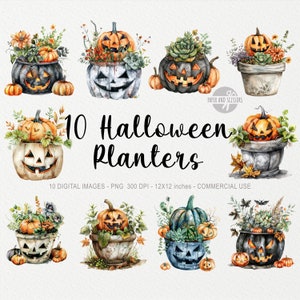 10 cliparts de plantador de Halloween, plantador de outono PNG, ilustração de decoração de outono, ação de graças, abóbora, clipart de folhas, download instantâneo