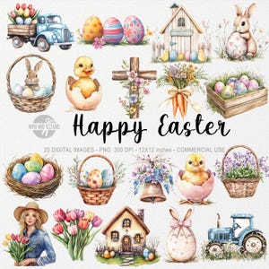 20 cliparts Joyeuses Pâques, PNG Bienvenue au printemps, oeuf aquarelle mignon, lapin, tulipes, décoration imprimable, invitation chasse aux œufs, scrapbooking, sublimation