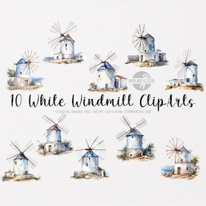10 imágenes prediseñadas de molinos de viento blancos, molinos de viento PNG, ilustración de molino de viento, molinos de viento de acuarela, imágenes prediseñadas de molinos de viento, molinos de viento de estilo griego blanco