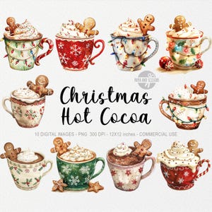 10 Christmas Hot Cocoa ClipArts, Christmas Chocolate PNG, Sublimacja T-shirt Design, Christmas Lights PNG Akwarela Do Wydruku, Piernik
