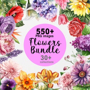 Plus de 550 images de fleurs PNG, lot de cliparts fleurs, fleur PNG, aquarelle printanière, art mural floral, roses, pivoines, tulipes, tournesol, lys