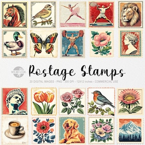 20 sellos postales ClipArts, sello postal PNG, imprimible vintage, imprimible con letras, diario, álbum de recortes, planificador, sellos retro