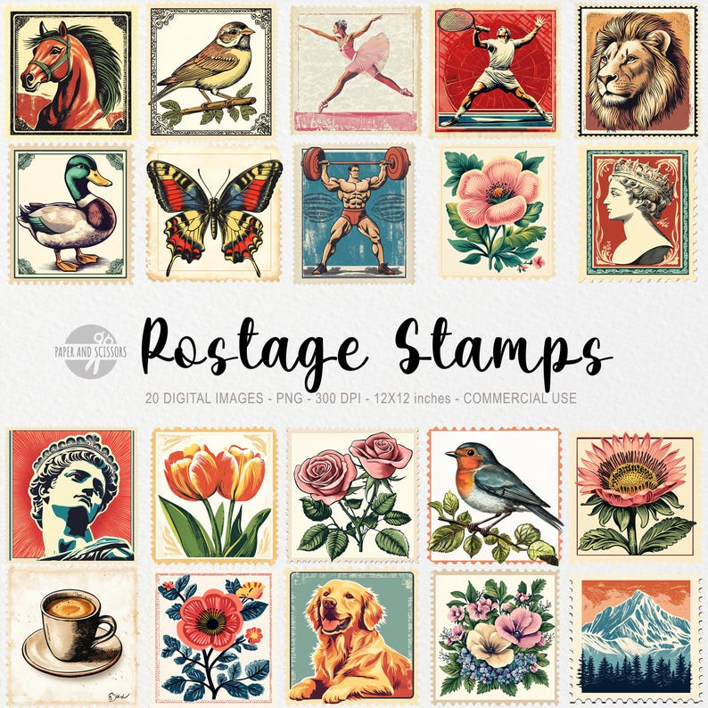 K&ouml;nnte beinhalten: Zwanzig digitale Bilder von Vintage-Briefmarken mit verschiedenen Motiven, darunter Tiere, Blumen, Menschen und Landschaften. Die Briefmarken sind alle in einem &auml;hnlichen Stil gehalten, mit wei&szlig;em Hintergrund und rotem Rand.