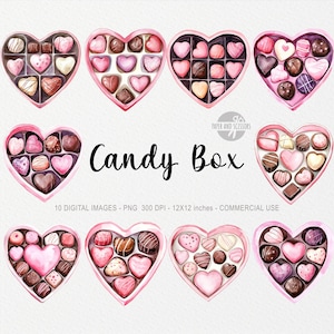 10 imágenes prediseñadas de bolas de caja de dulces de amor, PNG del Día de la Madre, dulces, chocolate, caramelos, imprimibles de San Valentín, corazones, amor de febrero, arte de acuarela