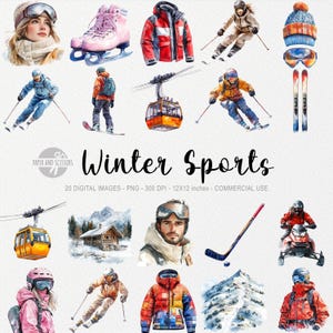 20 imágenes prediseñadas de deportes de invierno, snowboard PNG, ilustración de esquí en acuarela, Navidad, hockey, montaña, imprimible de invierno, pasatiempo de invierno, patinaje sobre hielo