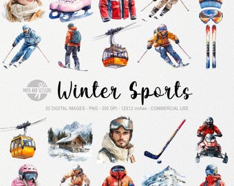 May include: A set of 20 digital watercolor illustrations of winter sports, including skiers, snowboarders, ice skaters, a snowmobile, a ski lift, a hockey stick, and winter clothing. The images are 300 DPI and 12x12 inches.