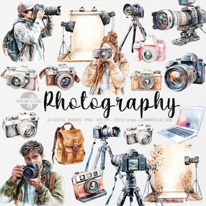 Photographie loisir Clipart, photographe PNG, aquarelle Photo PNG, Clipart loisir, scrapbooking, appareil photo, séance photo, trépied, téléchargement numérique