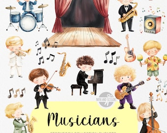 30 Musiker ClipArt, Aquarell Bilderbuch, Musikalische Kinderzimmer, Musik, Geburtstagsfeier einladen & Dekor, sofortiger Download