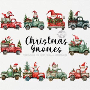 Clipart kerstkabouter vrachtwagen, kerstelf png, kerstkaartidee, schattige kabouter, levering kerstman, aquarel kerstavond