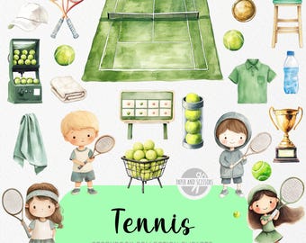 30 niedliche Tennis ClipArt, Aquarell Bilderbuch, Sport-Kinderzimmer, Grand Slam-Geburtstagsfeier-Einladung & Dekoration, sofortiger Download kommerzielle Lizenz