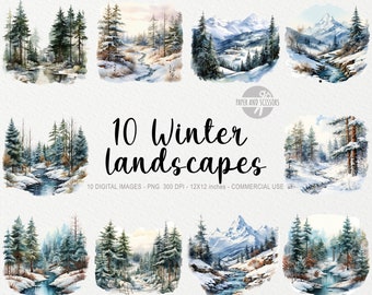 May include: Ten digital watercolor illustrations of winter landscapes. Each image features a snowy forest scene with a winding river or stream. The images are perfect for adding a touch of winter magic to your projects.