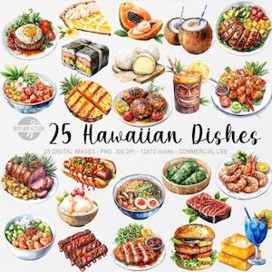 25 Hawaii Dishes ClipArts, Exotic Food PNG, Tropical Recipe, Aloha Luau CookBook Art, Watercolor Cuisine, Poke, Tiki, Loco Moco, Huli, Kalua