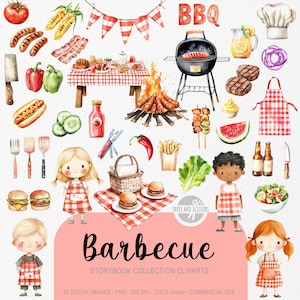 May include: A watercolour illustration depicting a barbecue scene with burgers, sausages, and vegetables. Features a grill, picnic table, and children in aprons. The word "Barbecue" is written in a script font.
