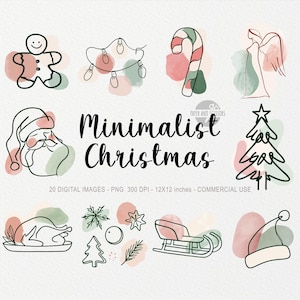 May include: A collection of line art Christmas illustrations including a gingerbread person, string lights, candy cane, angel, Santa Claus, Christmas tree, turkey, snowflake, star, sleigh, and hat, with the text Minimalist Christmas.