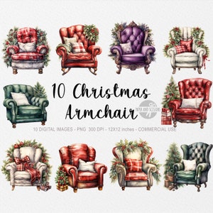 10 Christmas Armchair ClipArts, Watercolor Christmas Armchair PNG, Christmas ClipArt, Interior design PNG, Sofa ClipArt, Cozy Christmas PNG