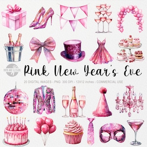 20 ClipArts de Véspera de Ano Novo Rosa, Sublimação de NYE, Ilustração de festa de 2025, Bola de discoteca em aquarela, Balões, Laço, Máscara, Champanhe, Decoração de NYE