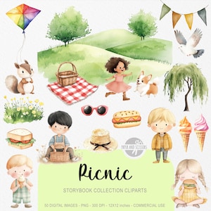 50 ClipArts fofos para piquenique, livro de histórias em aquarela para atividades ao ar livre, festa infantil no parque, aventura na natureza, convite e decoração para festa de aniversário, download instantâneo