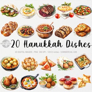20 cliparts de plat de Hanoucca, PNG de cuisine juive, recettes israéliennes, illustration de livre de cuisine, aquarelle casher, Shabbat, Roch Hachana, Bat Mitzvah
