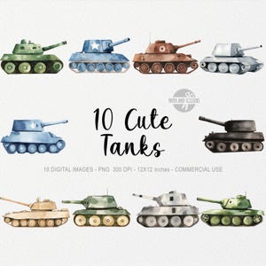10 Cute Tanks Cliparts, Militaty Vehicle Watercolor PNG, Caminhão, Tanque, Guerra, Decoração de berçário Menino, Download digital, Adesivos de guerra, EUA, Marinha