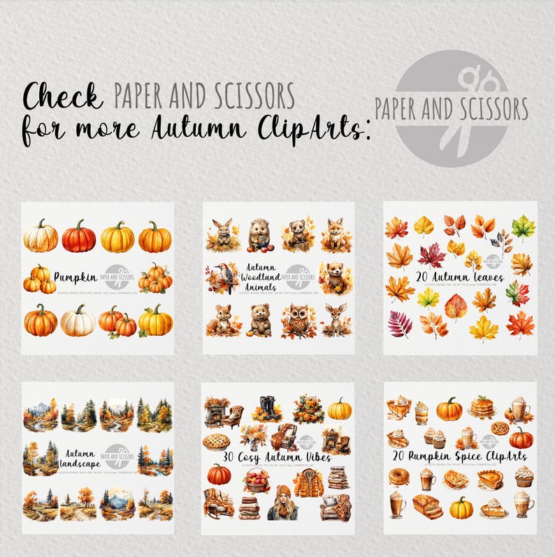 May include: A collection of watercolor clip art featuring autumn themes. The image includes pumpkins, woodland animals, fall leaves, landscapes, cozy autumn vibes, and pumpkin spice treats. Text reads "Check PAPER AND SCISSORS for more Autumn ClipArts."