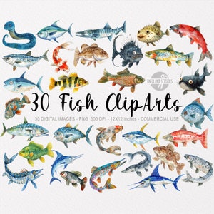 30 Fische ClipArts, Unterwasser Aquarell PNG, Babypartywandkunst, Kinderzimmerdekor, niedlicher Ozean, Aufkleber, Meer, Flussfang, Fischer, Lachs