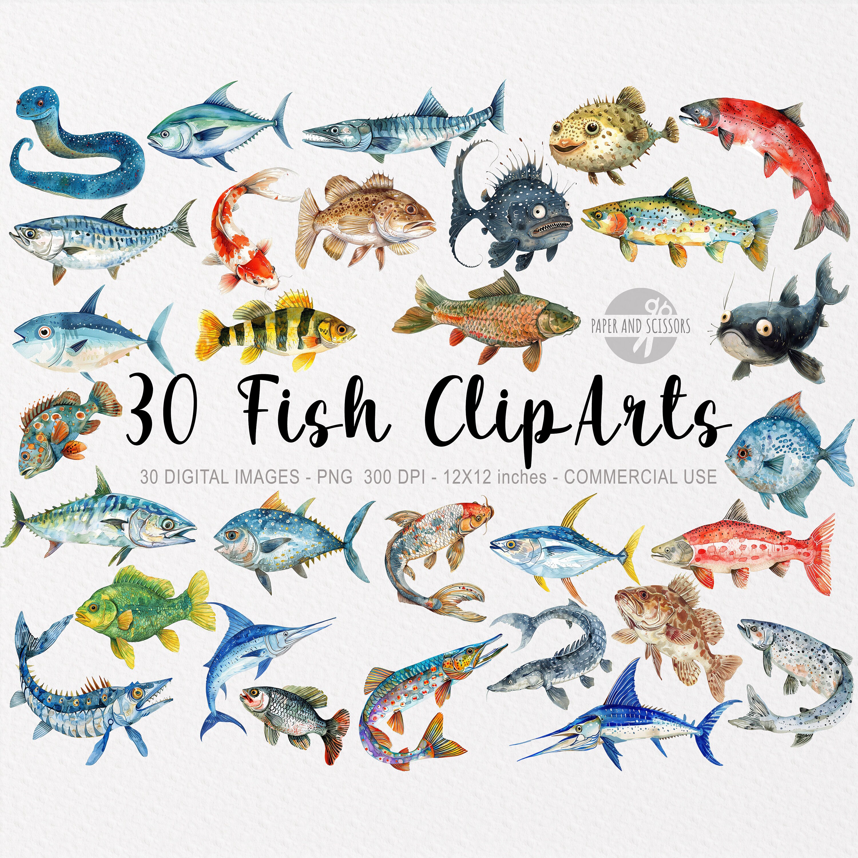 30 Fish Cliparts, Undersea Watercolor PNG, Baby Shower Wall Art ...