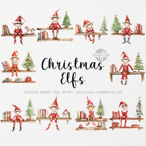 10 kerstelf ClipArt, aquarel schattige elf PNG, kerstbundel, vakantie afdrukbaar, kerstman, helpers van de kerstman, workshop, plank, boom