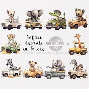 Bébé Safari animaux en camions Clipart, bébé Safari animaux PNG, bébé animaux illustration, camions Clipart, pépinière Wall Art, décor de chambre de bébé