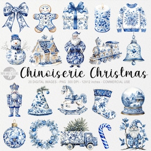 20 Chinoiserie Christmas ClipArts, Grandmilenial PNG, Przytulny Preppy Grudzień, Wystrój Domu na Święta, Wydrukuj Naklejki Sublimacja, Sztuka Kartek DIY