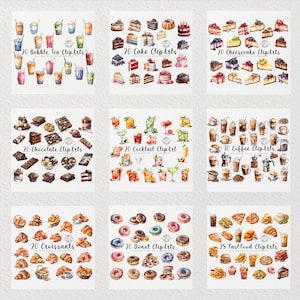 May include: A collection of 20 watercolour illustrations of bubble tea, 20 cake slices, 20 cheesecake slices, 20 chocolate bars, 20 cocktails, 30 coffee drinks, 20 croissants, 20 doughnuts, and 25 fast food items.