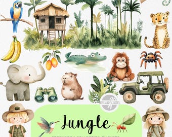 May include: Watercolor illustrations of jungle animals and elements, including a parrot, bananas, an elephant, a crocodile, a monkey, a jeep, and a leopard. The word "Jungle" is written in a decorative font. The image is labeled "Storybook Collection Cliparts".