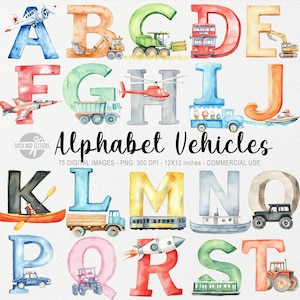 May include: Watercolor alphabet letters A through T, each featuring a different vehicle illustration. The image includes a plane, excavator, tractor, double-decker bus, jet, dump truck, helicopter, ice cream truck, boat, canoe, truck, train, boat, jeep, police car, tractor, rocket, and a bus.