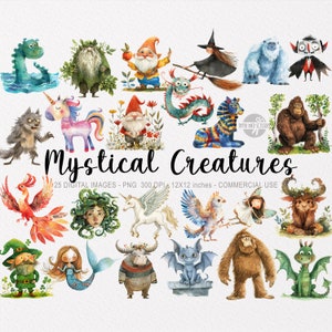 25 mystiek wezen ClipArts, fantasie aquarel PNG, babyshower kunst aan de muur, decor kinderkamer, schattig eng, stickers, grote voet, eenhoorn, draak