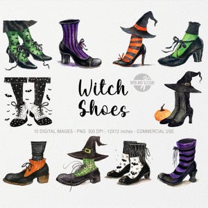 Puede incluir: Ilustraciones en acuarela de varios zapatos de bruja, con tacones altos, botas y calcetines con diseños temáticos de Halloween. La imagen incluye el texto "Witch Shoes" y "10 DIGITAL IMAGES - PNG 300 DPI - 12X12 inches - COMMERCIAL USE".