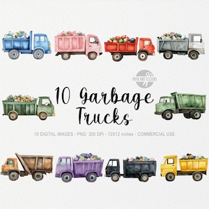 10 Śmieciarka Cliparts, Ciężarówka PNG, Słodka Akwarela, Mały Odkrywca, Śmieci, Transport Odpadów, Baby Shower, Sublimacja Dekoracja Dziecięca Chłopiec