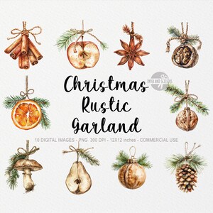 10 Rustikale Ornament WeihnachtsclipArts, Boho Winter PNG, Einfache minimalistische Dekor Illustration, Aquarell DIY druckbare Karte, Gewürze, Obst